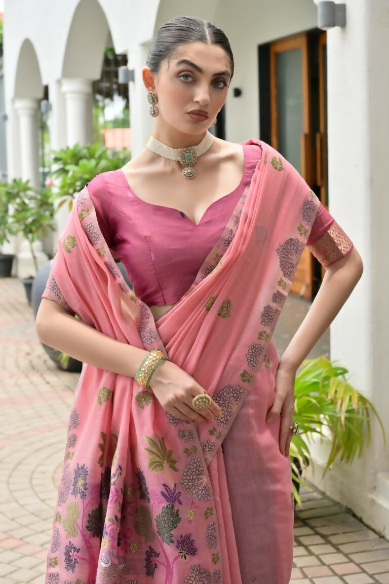 Vishnu Weaves Women's Pink Muga Cotton Thread Weaving Saree with Blouse - Swadesiicart
