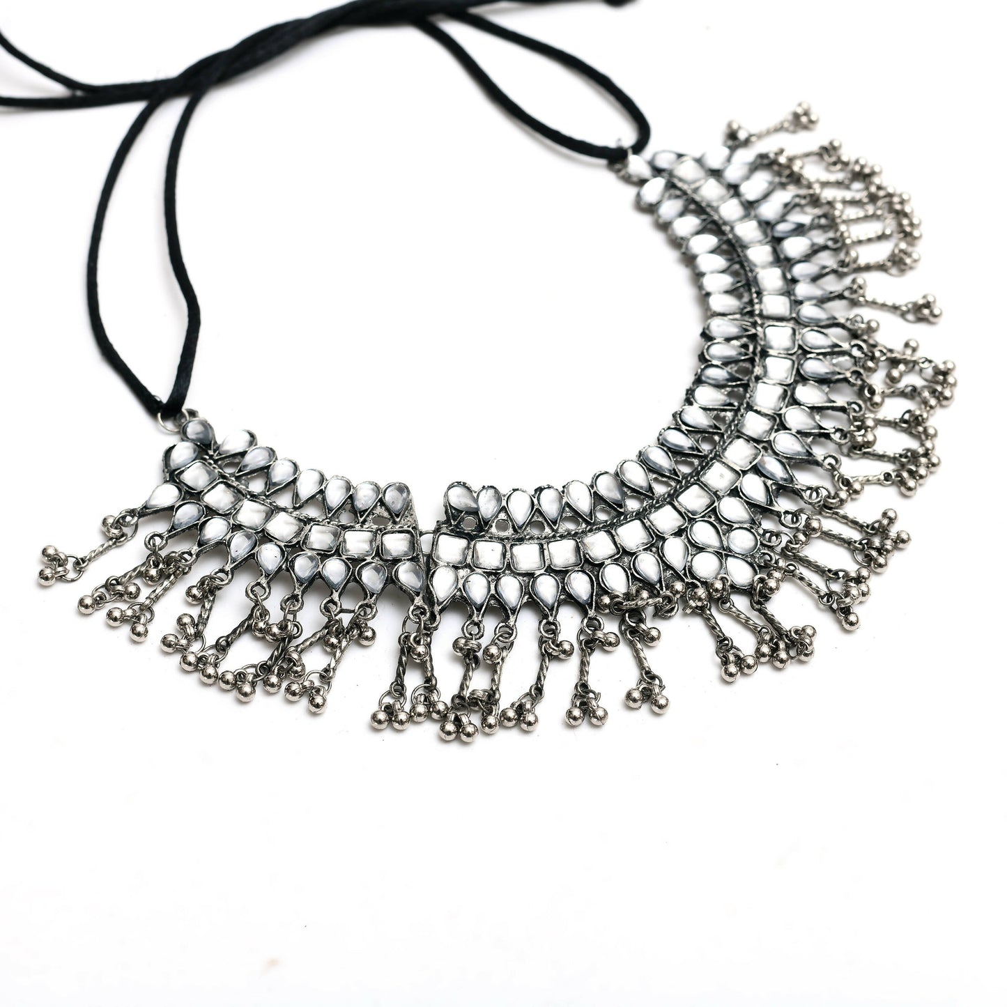Mominos Fashion Johar Kamal Oxidised Silver-Plated Brass Finish Kundan Necklace For Women (Silver) | Swadesiicart