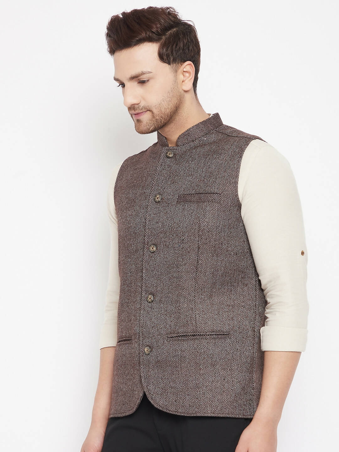 Even Apparels Brown Wool Men Woven Nehru Jacket | Swadesiicart