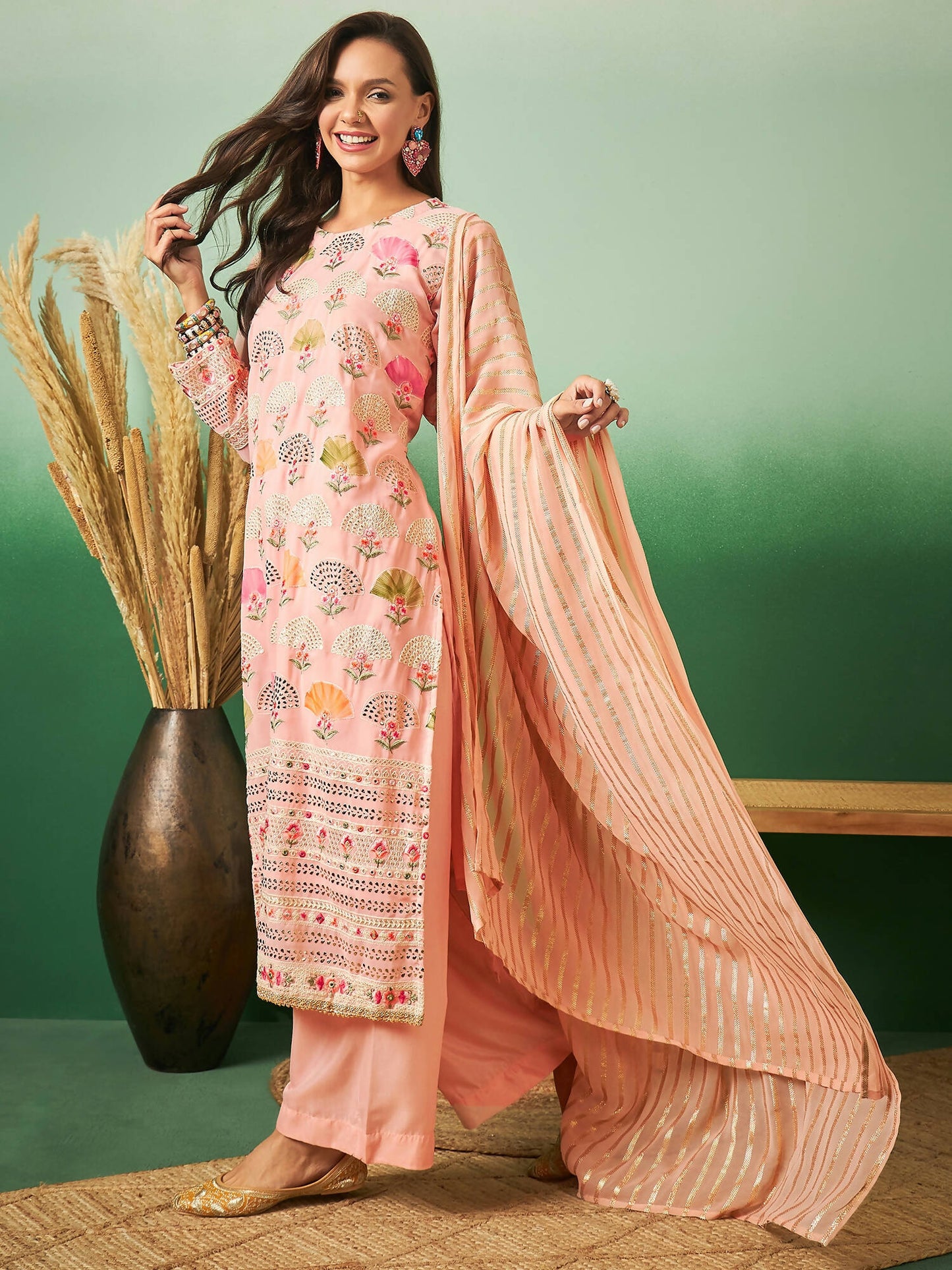 Peach Georgette Handwork Unstitched Dress Material - Hanika | Swadesiicart