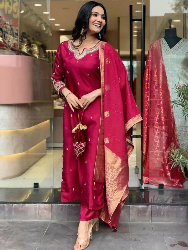 The52 Maroon Beautiful Embroidered Viscose Chanderi Fabric Straight Kurta Pant with Dupatta Set - Swadesiicart