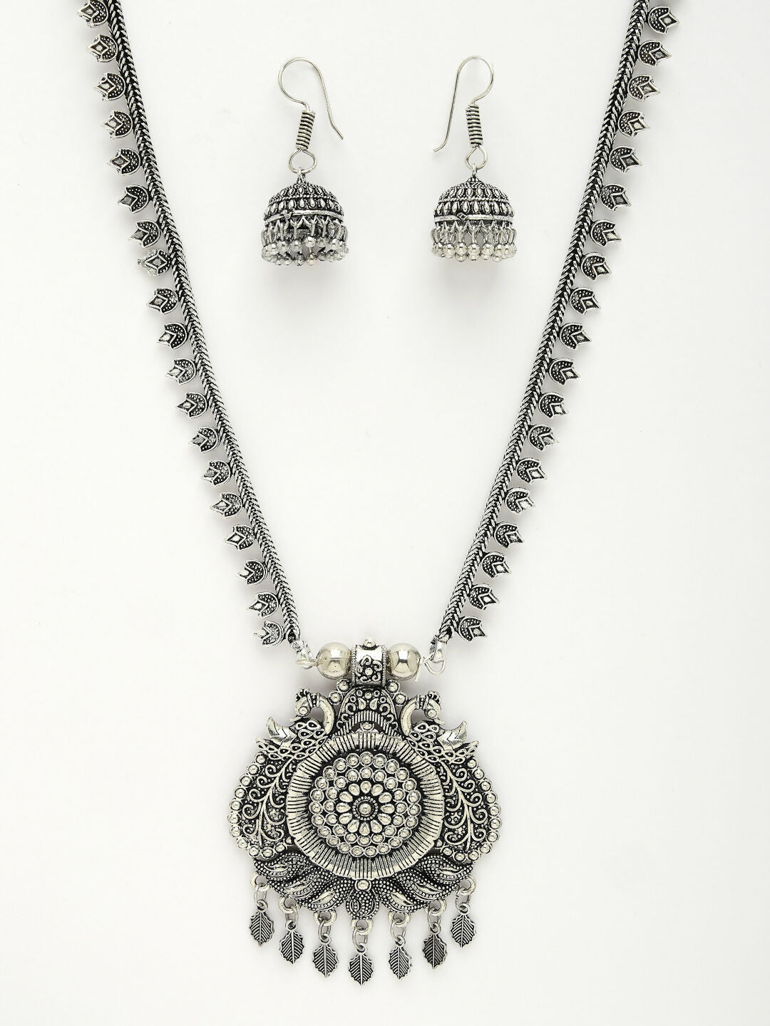 NVR Women's Silver-Toned Peacock Design Oxidized Necklace with Jhumka Earrings - Swadesiicart