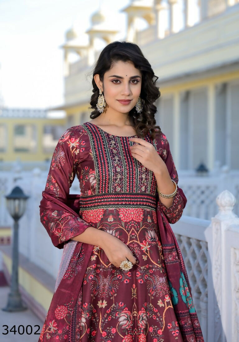 Partywear Designer Maroon Dola Silk Anarkali suit with Dupatta - Suzen - Swadesiicart