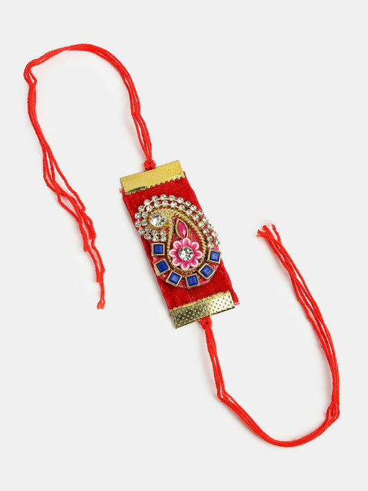 NVR Men Red Stone-Studded Rakhi With Roli Chawal & Chocolate | Swadesiicart