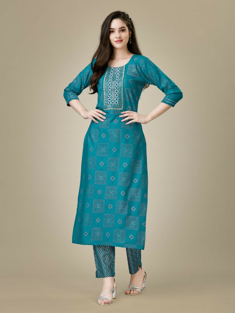Jyoti Fashion Women's Rama Rayon Embroidered Kurta Pant Set | Swadesiicart