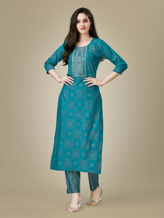 Jyoti Fashion Women's Rama Rayon Embroidered Kurta Pant Set