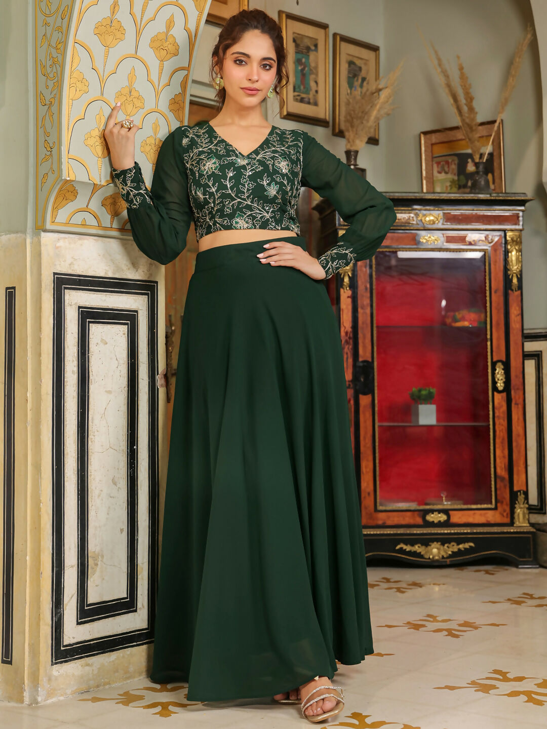 Janasya Dark Green Georgette Embroidered Top & Skirt | Swadesiicart