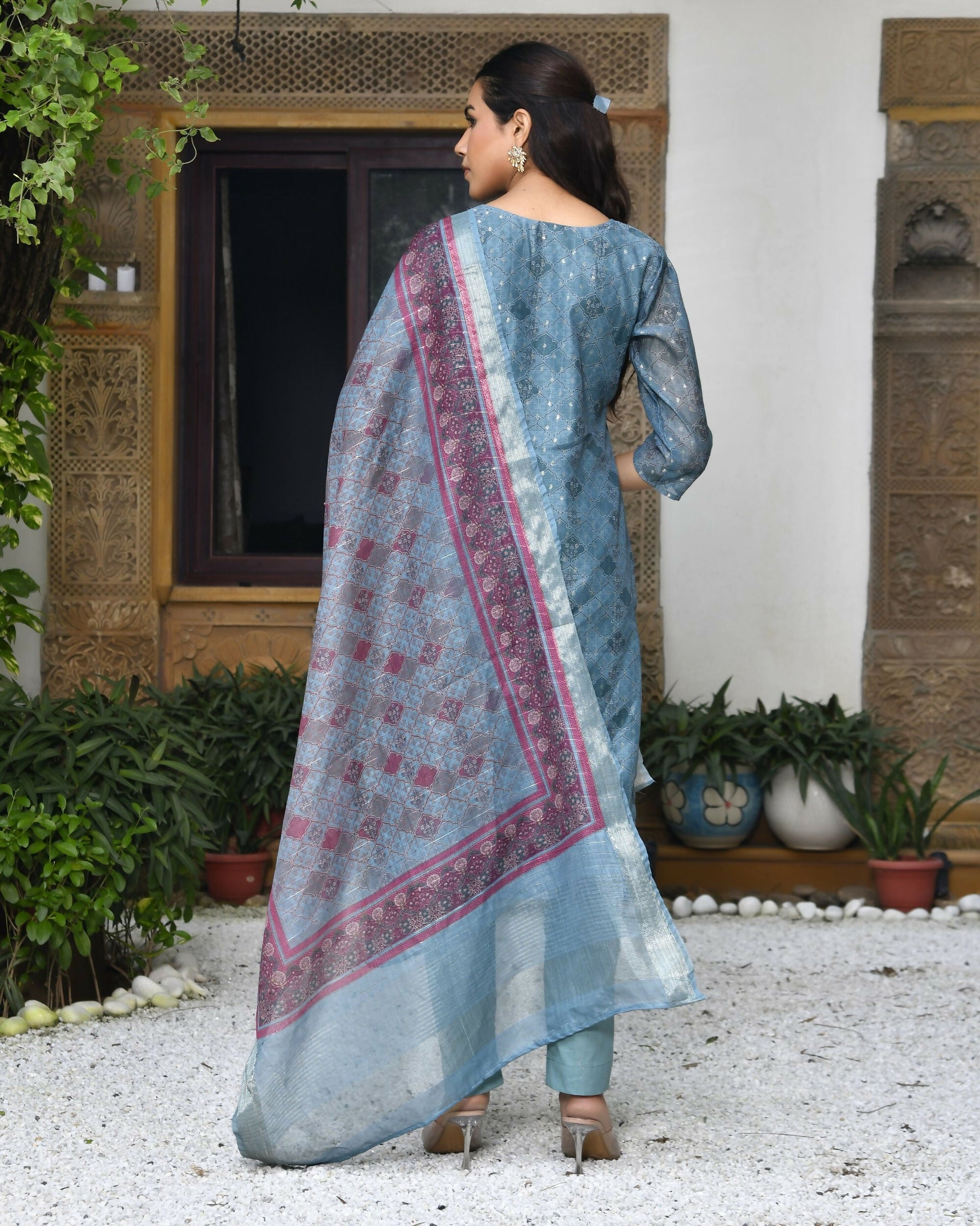 Vaasva Women's Chanderi Printed Suit Set With Pant And Printed Dupatta | Swadesiicart