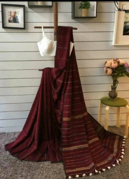 Exclusive Collection Khadi Cotton Handloom Khesh Saree With Blouse Piece - Maroon - Swadesiicart