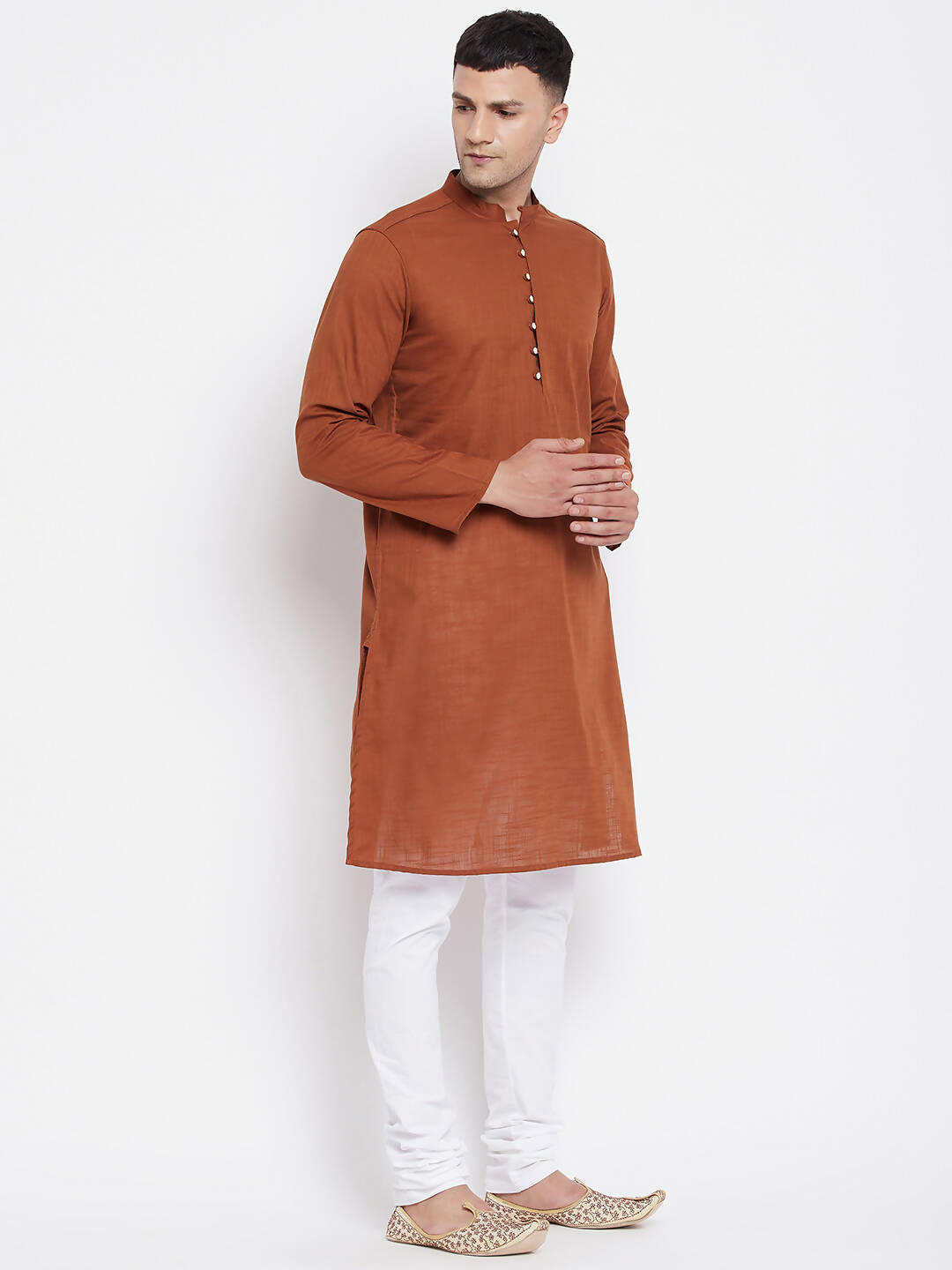 Even Apparels Brown Color Pure Cotton Men's Kurta With Band Collar | Swadesiicart