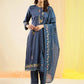 Blue Chinon Embroidered Straight Kurta with Trouser & Dupatta - Salimar