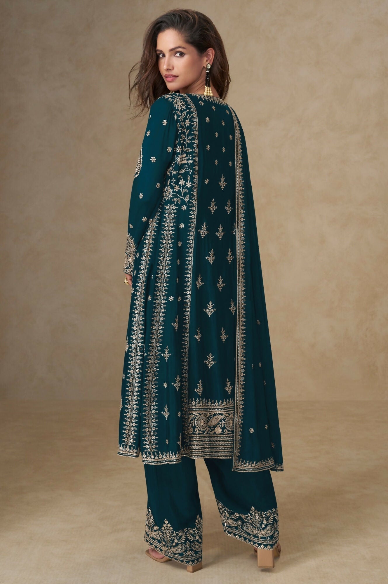 Anaita Teal Green Chinon Silk Stitched Suit with Embroidery & Sequence Work