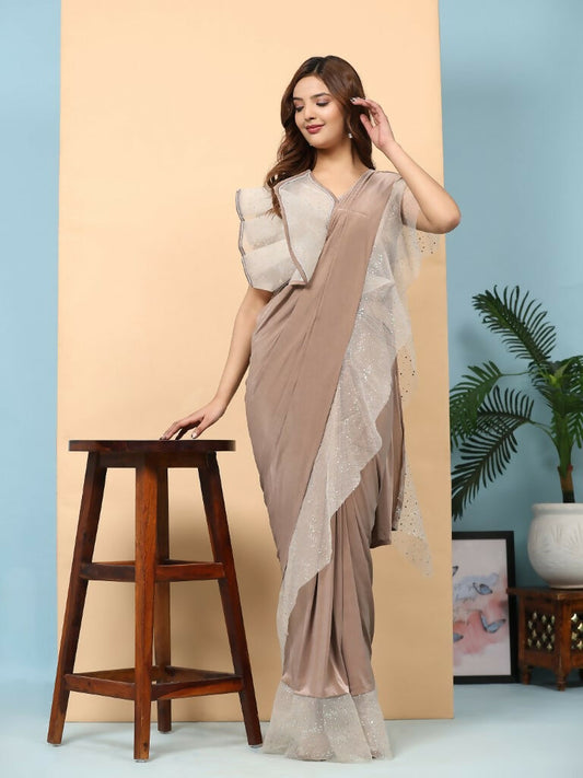 Light Brown Lycra Solid Ready to Wear Saree with stitched Blouse - Nita | Swadesiicart