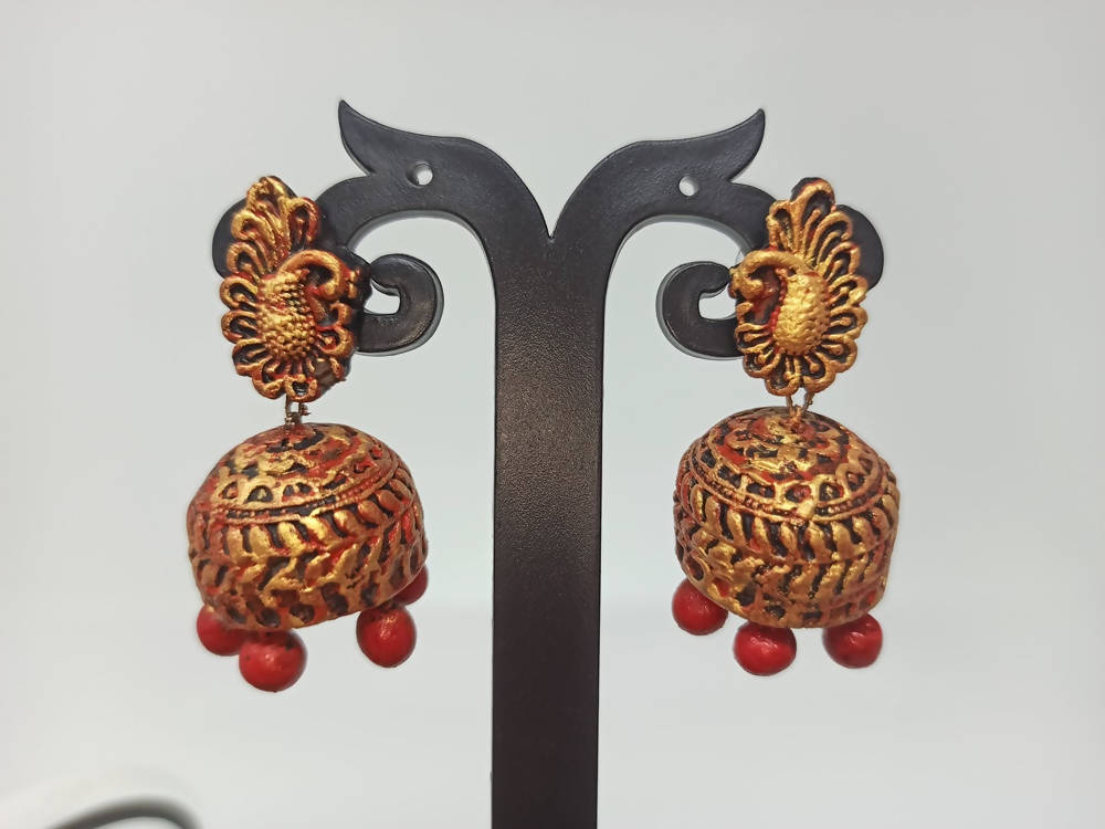 Terracotta Peacock Stud Ethnic Jhumkas-Gold Red | Swadesiicart