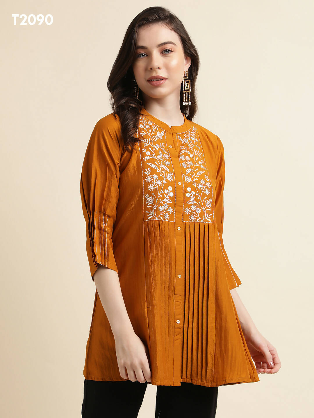 Mustard Chinon Yoke Embroidered A-line Top - Tarini - Swadesiicart