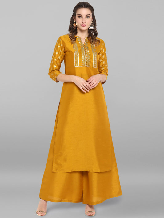 Janasya Mustard Poly Silk Foil Print Set - Swadesiicart