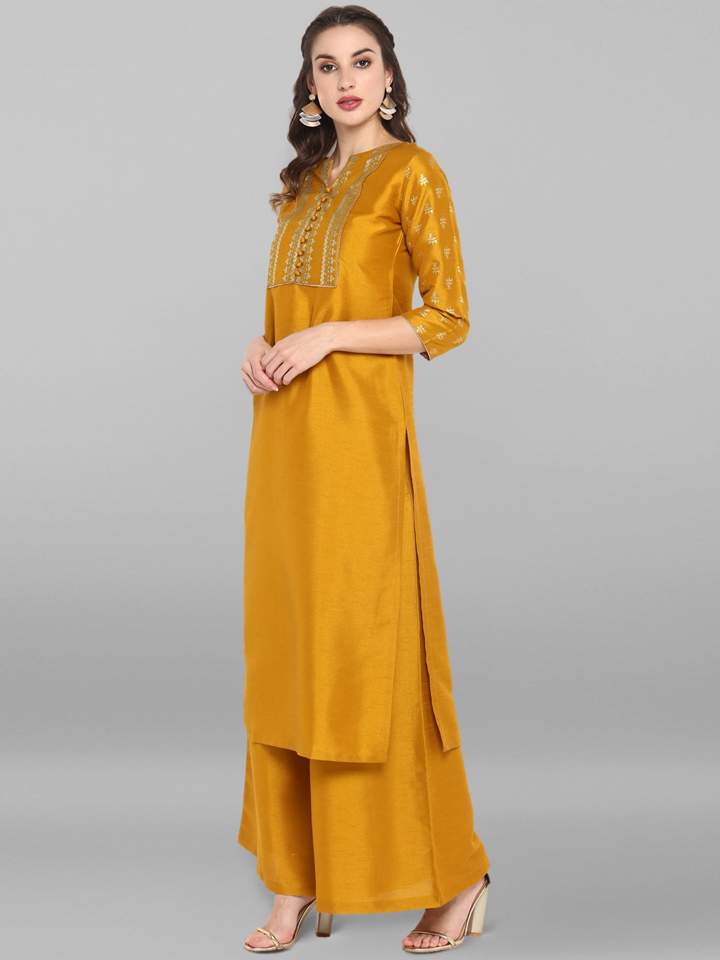 Janasya Mustard Poly Silk Foil Print Set - Swadesiicart