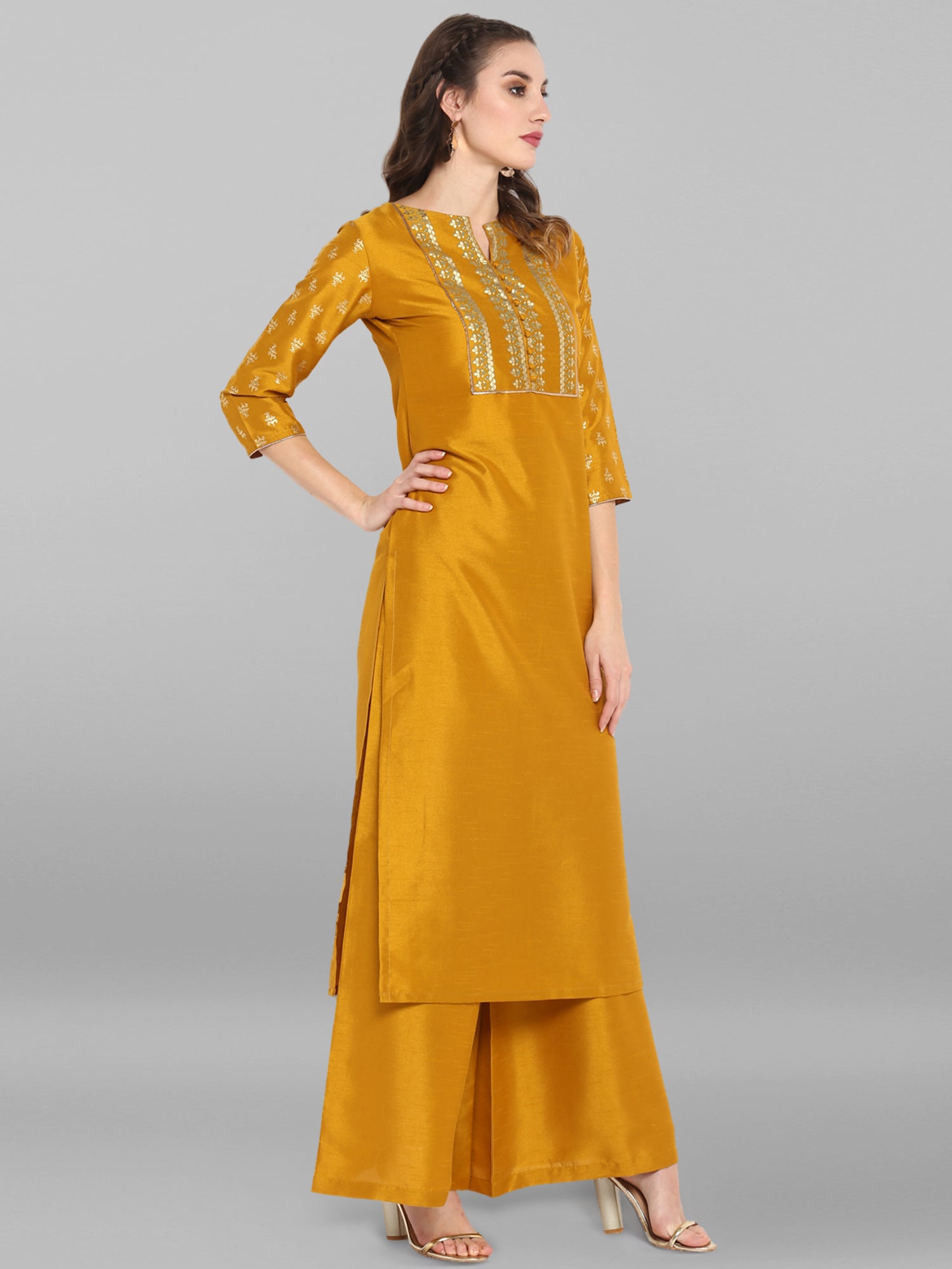 Janasya Mustard Poly Silk Foil Print Set - Swadesiicart