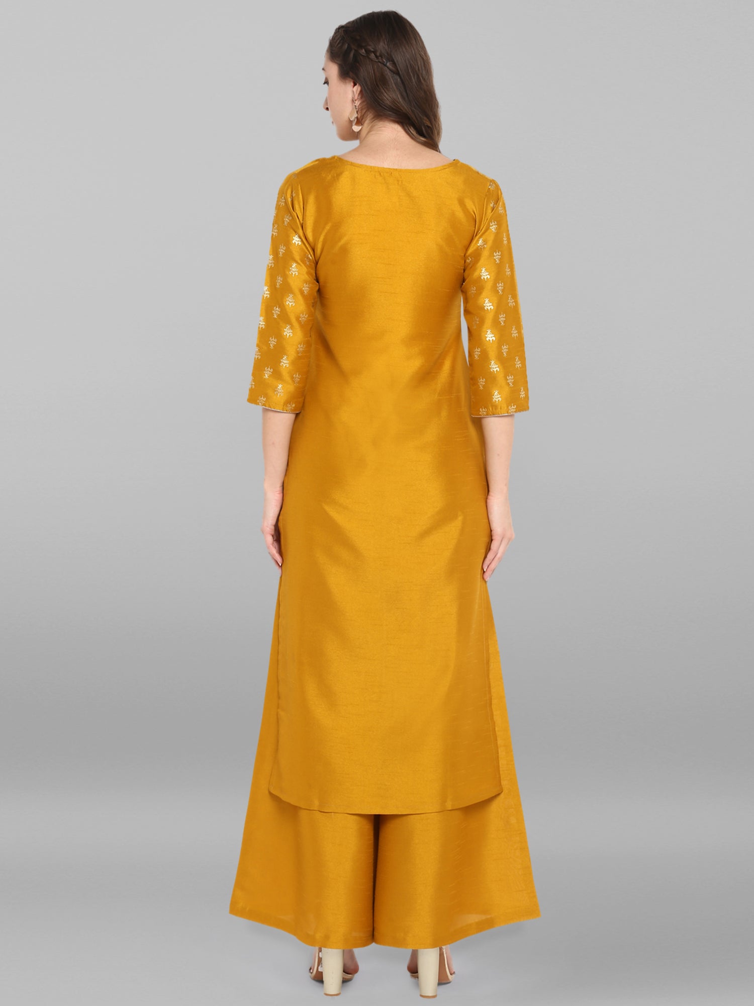 Janasya Mustard Poly Silk Foil Print Set - Swadesiicart