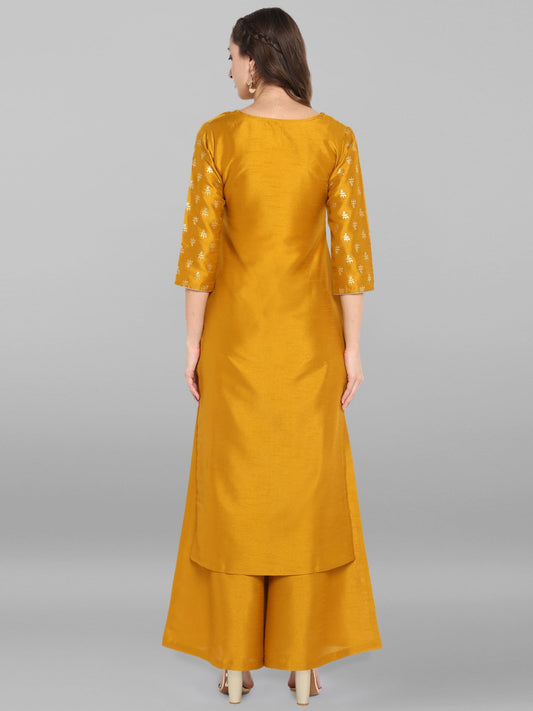 Janasya Mustard Poly Silk Foil Print Set - Swadesiicart