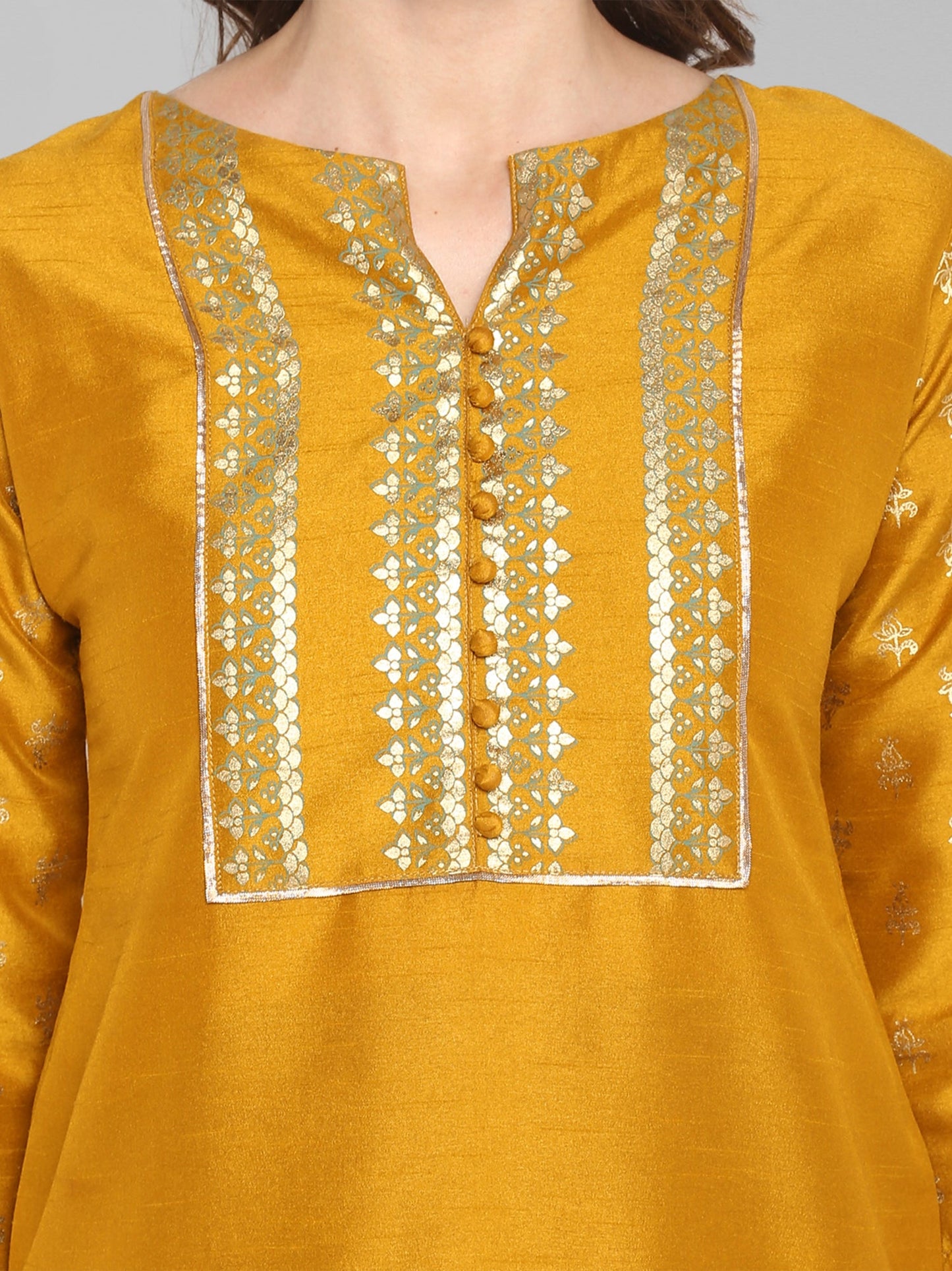 Janasya Mustard Poly Silk Foil Print Set - Swadesiicart
