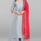 Janasya Women's Grey Poly Silk Foil Print Kurta With Palazzo And Dupatta | Swadesiicart