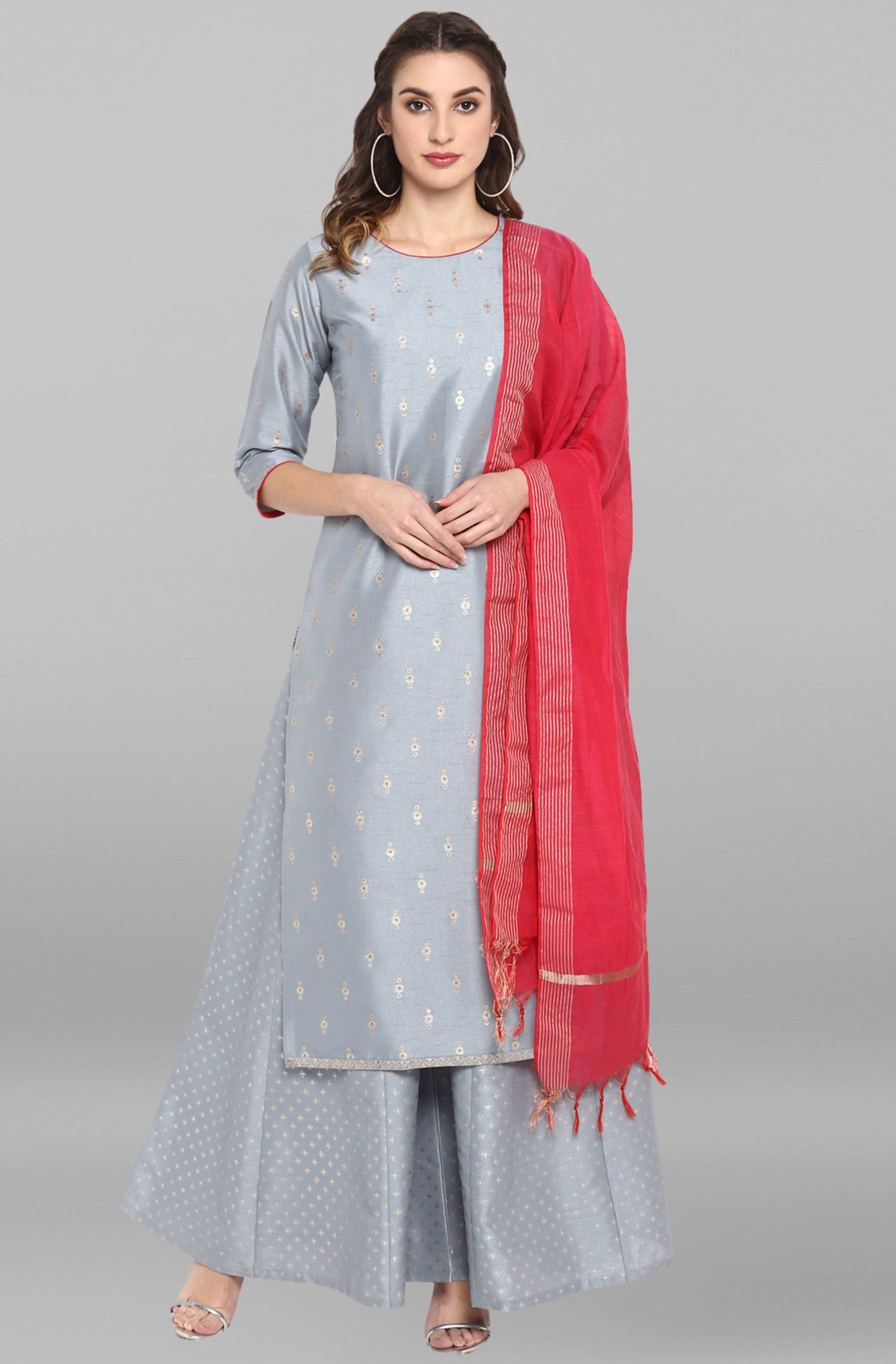 Janasya Women's Grey Poly Silk Foil Print Kurta With Palazzo And Dupatta | Swadesiicart