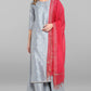 Janasya Women's Grey Poly Silk Foil Print Kurta With Palazzo And Dupatta | Swadesiicart