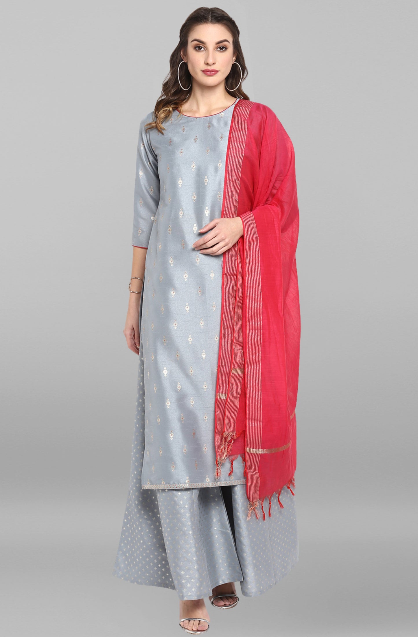 Janasya Women's Grey Poly Silk Foil Print Kurta With Palazzo And Dupatta | Swadesiicart