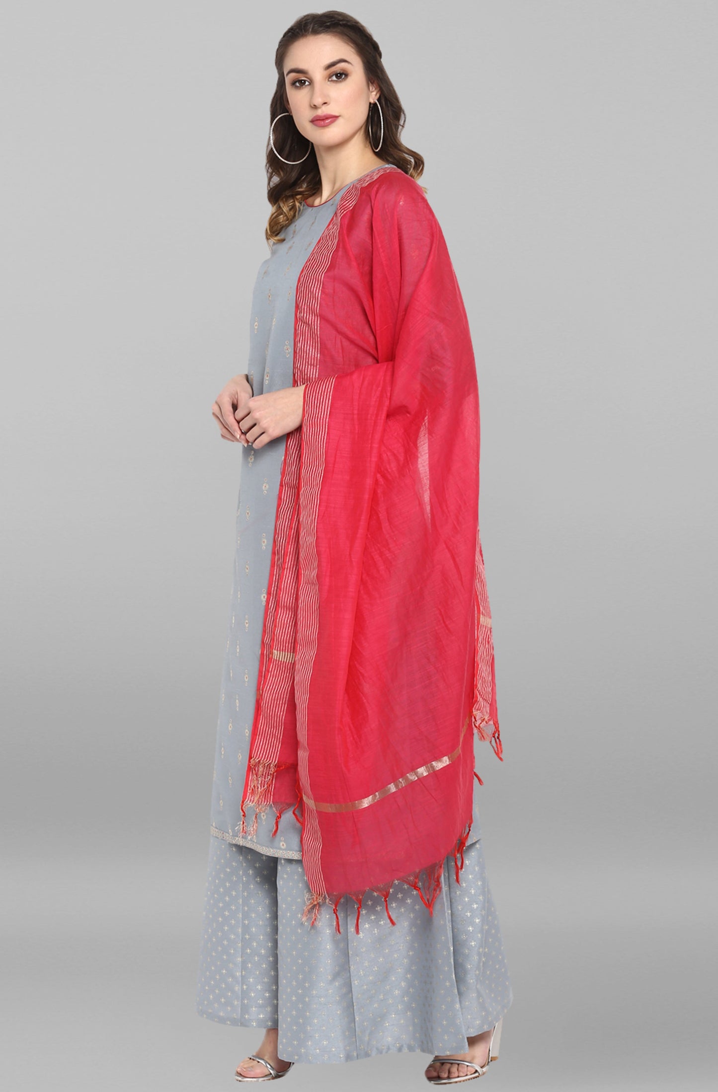 Janasya Women's Grey Poly Silk Foil Print Kurta With Palazzo And Dupatta | Swadesiicart