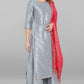 Janasya Women's Grey Poly Silk Foil Print Kurta With Palazzo And Dupatta | Swadesiicart