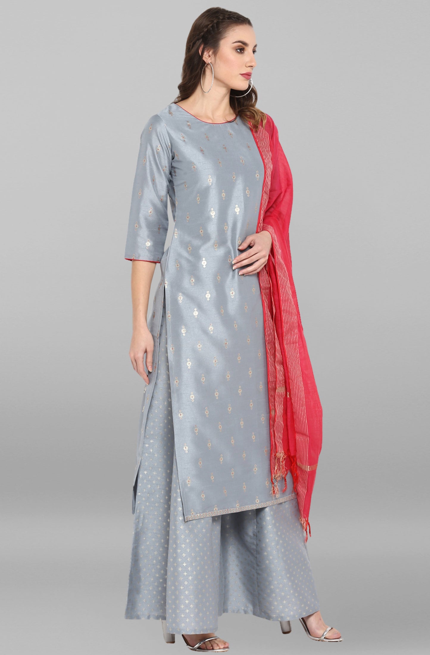 Janasya Women's Grey Poly Silk Foil Print Kurta With Palazzo And Dupatta | Swadesiicart