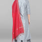 Janasya Women's Grey Poly Silk Foil Print Kurta With Palazzo And Dupatta | Swadesiicart