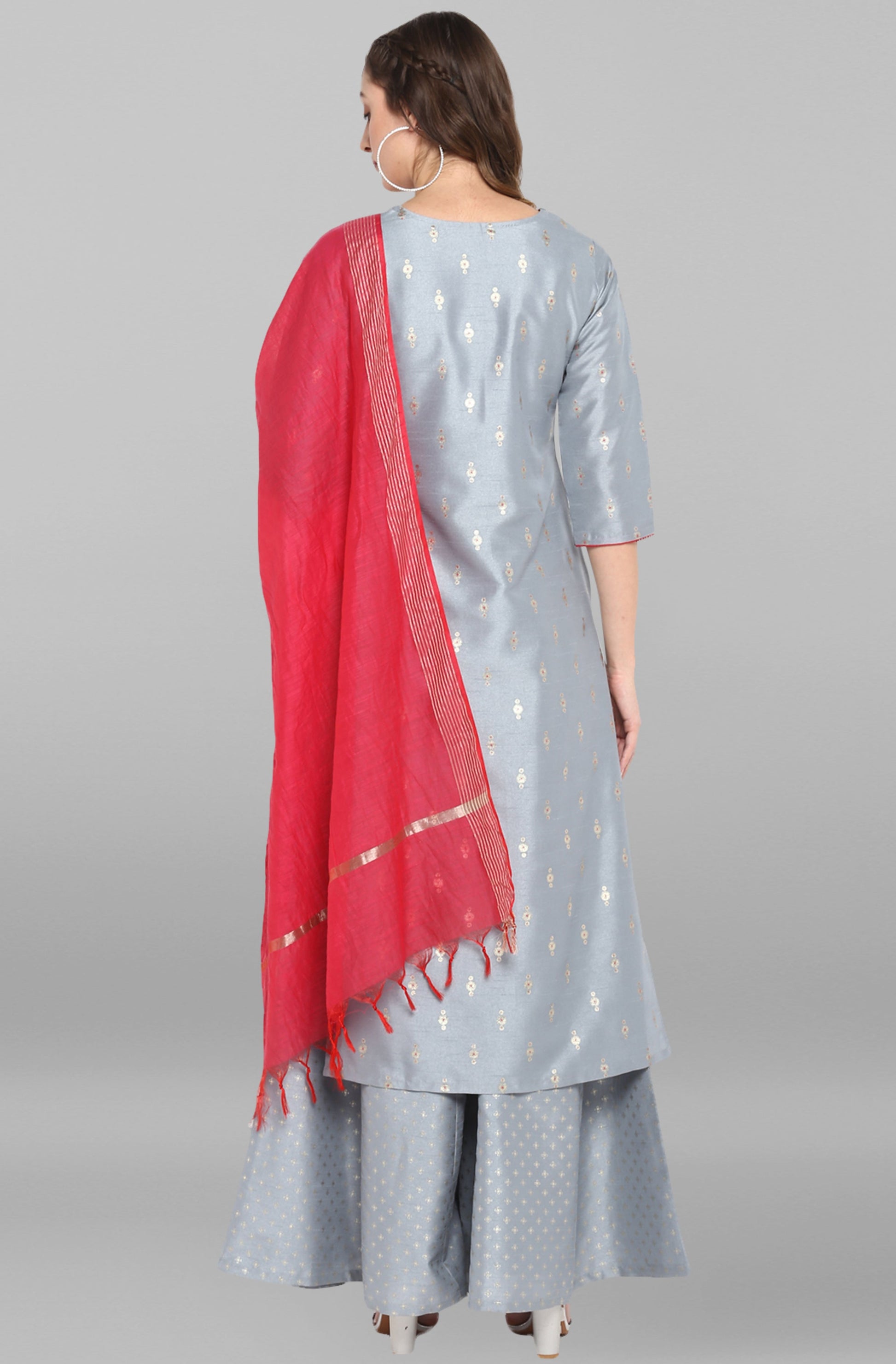 Janasya Women's Grey Poly Silk Foil Print Kurta With Palazzo And Dupatta | Swadesiicart