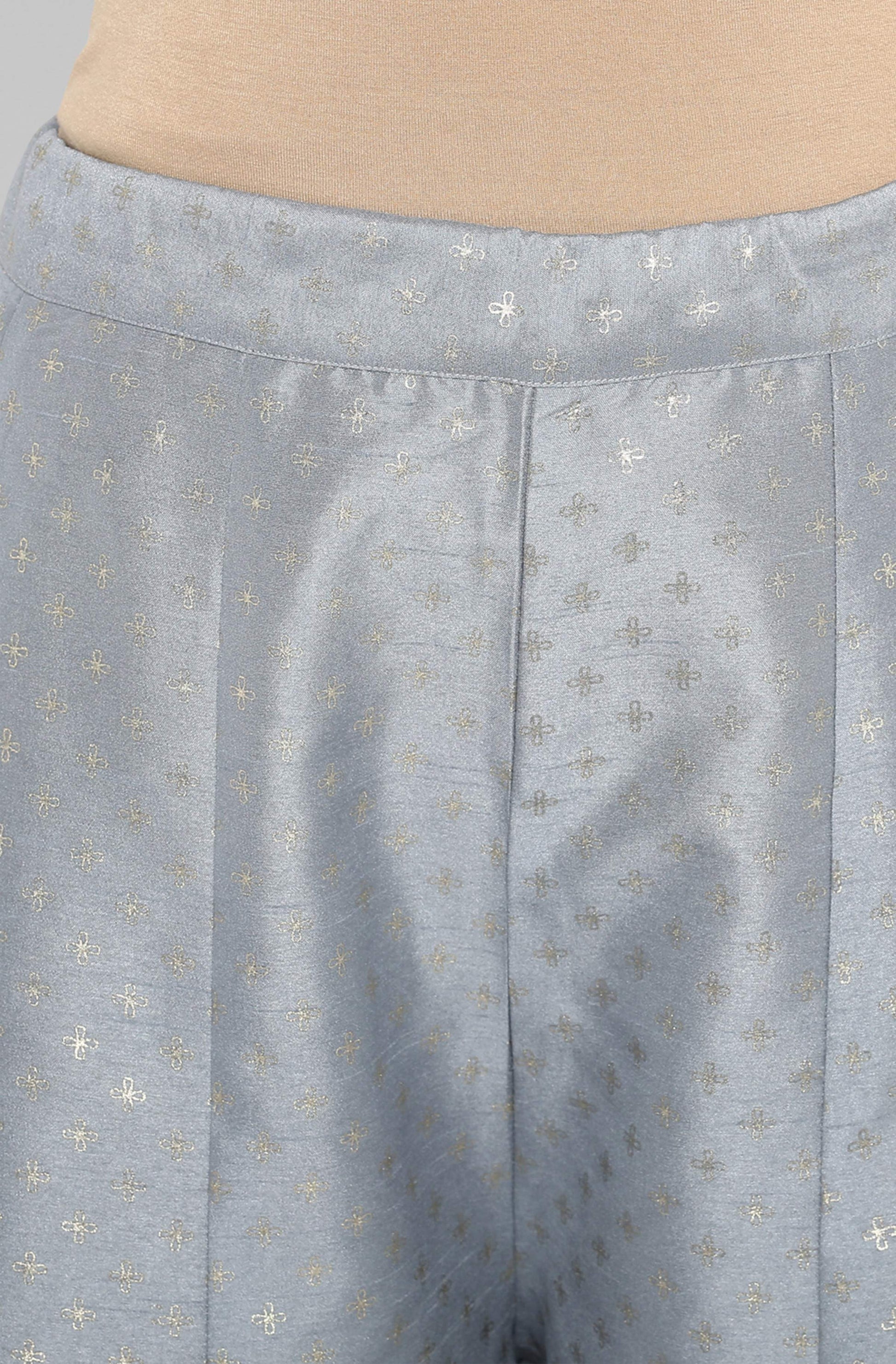 Janasya Women's Grey Poly Silk Foil Print Kurta With Palazzo And Dupatta | Swadesiicart
