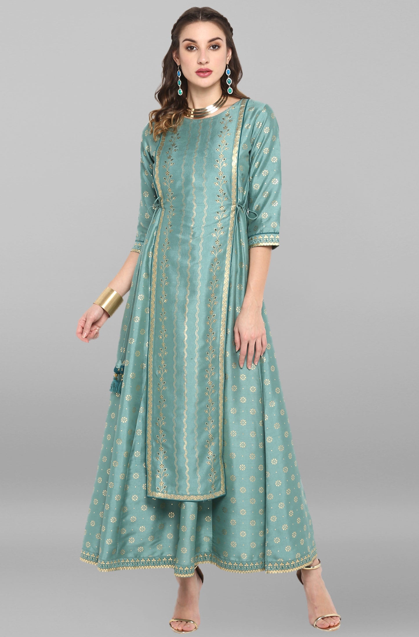 Janasya Green Rayon Crepe Foil Print Flared Ethnic Dress | Swadesiicart