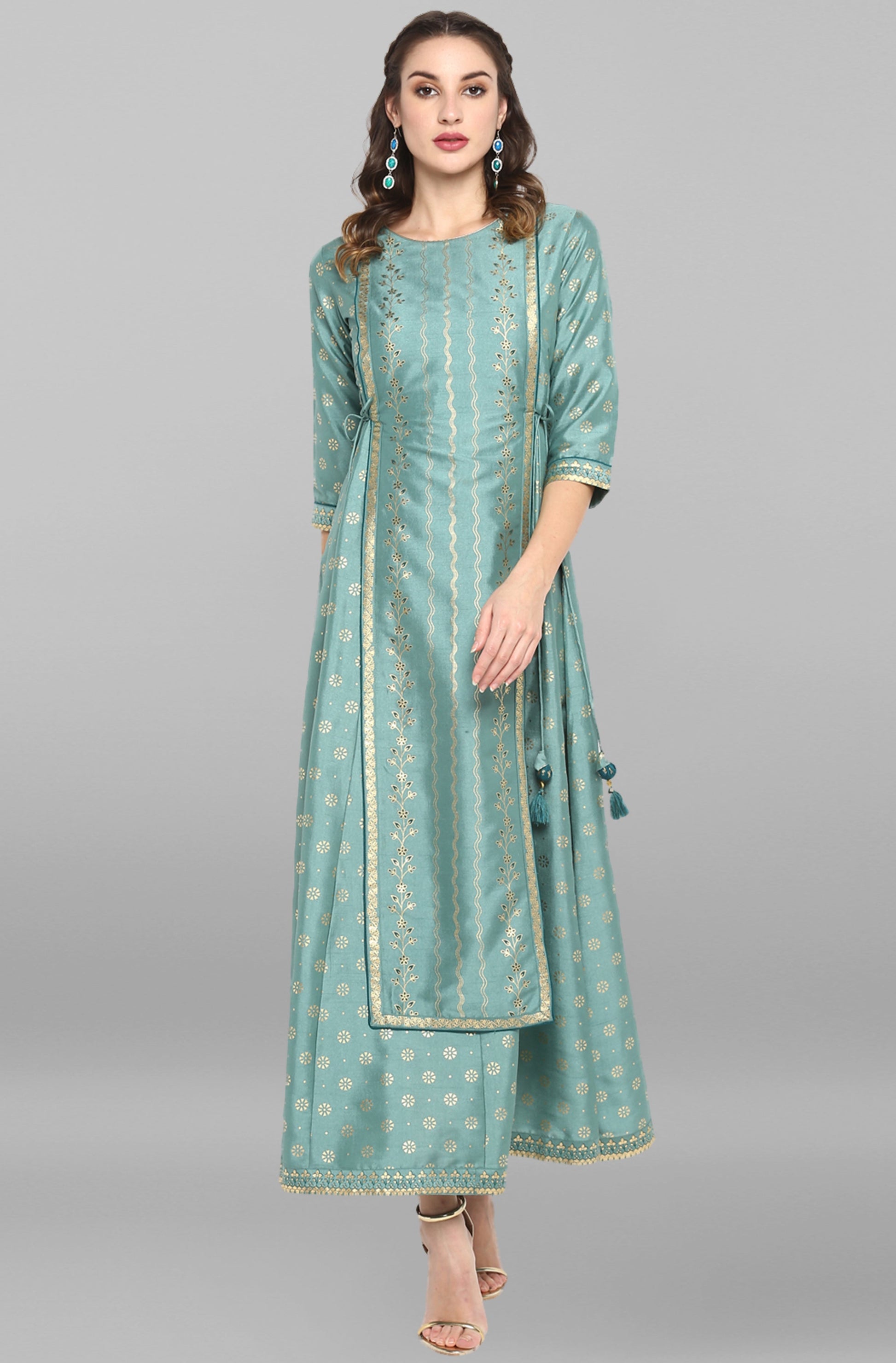 Janasya Green Rayon Crepe Foil Print Flared Ethnic Dress | Swadesiicart