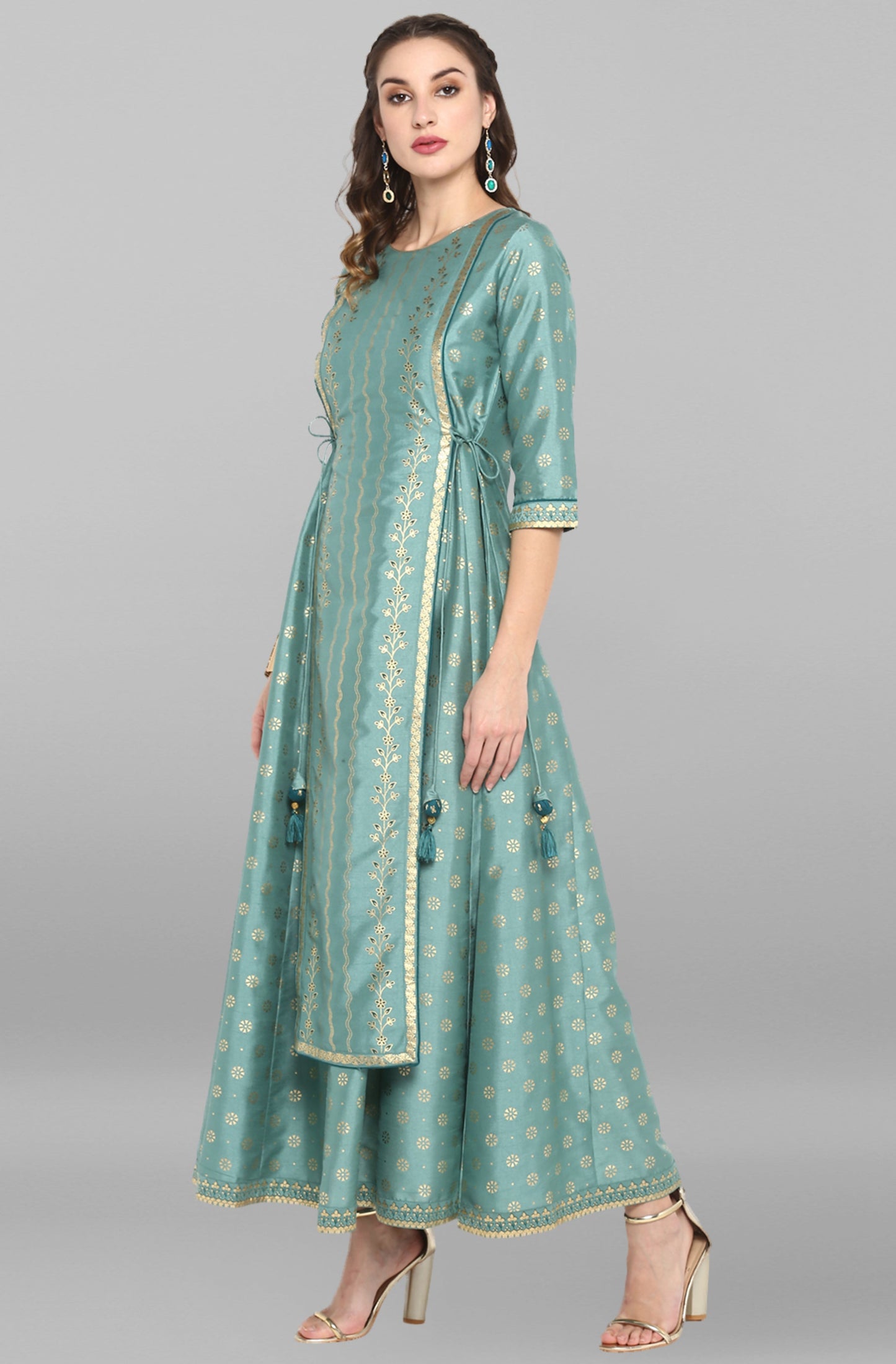 Janasya Green Rayon Crepe Foil Print Flared Ethnic Dress | Swadesiicart