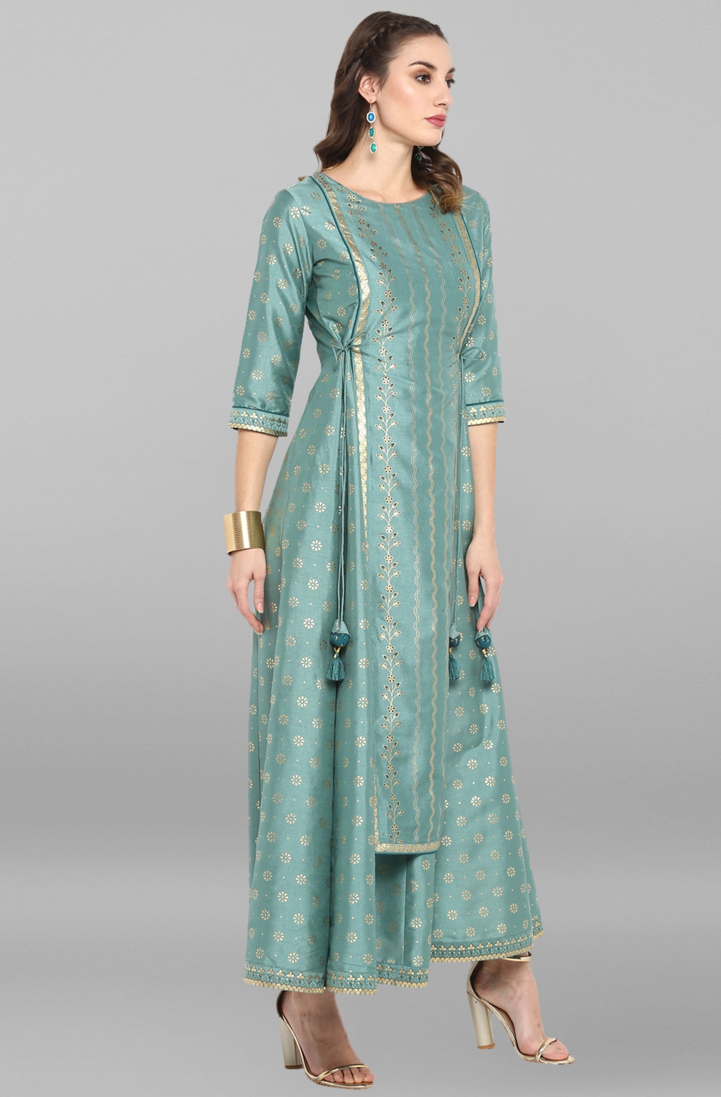 Janasya Green Rayon Crepe Foil Print Flared Ethnic Dress | Swadesiicart