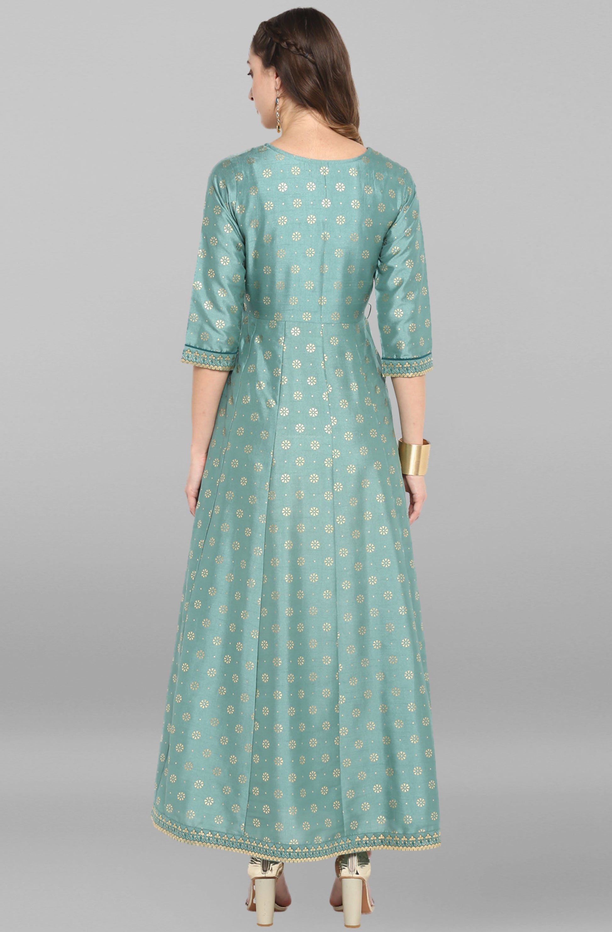 Janasya Green Rayon Crepe Foil Print Flared Ethnic Dress | Swadesiicart