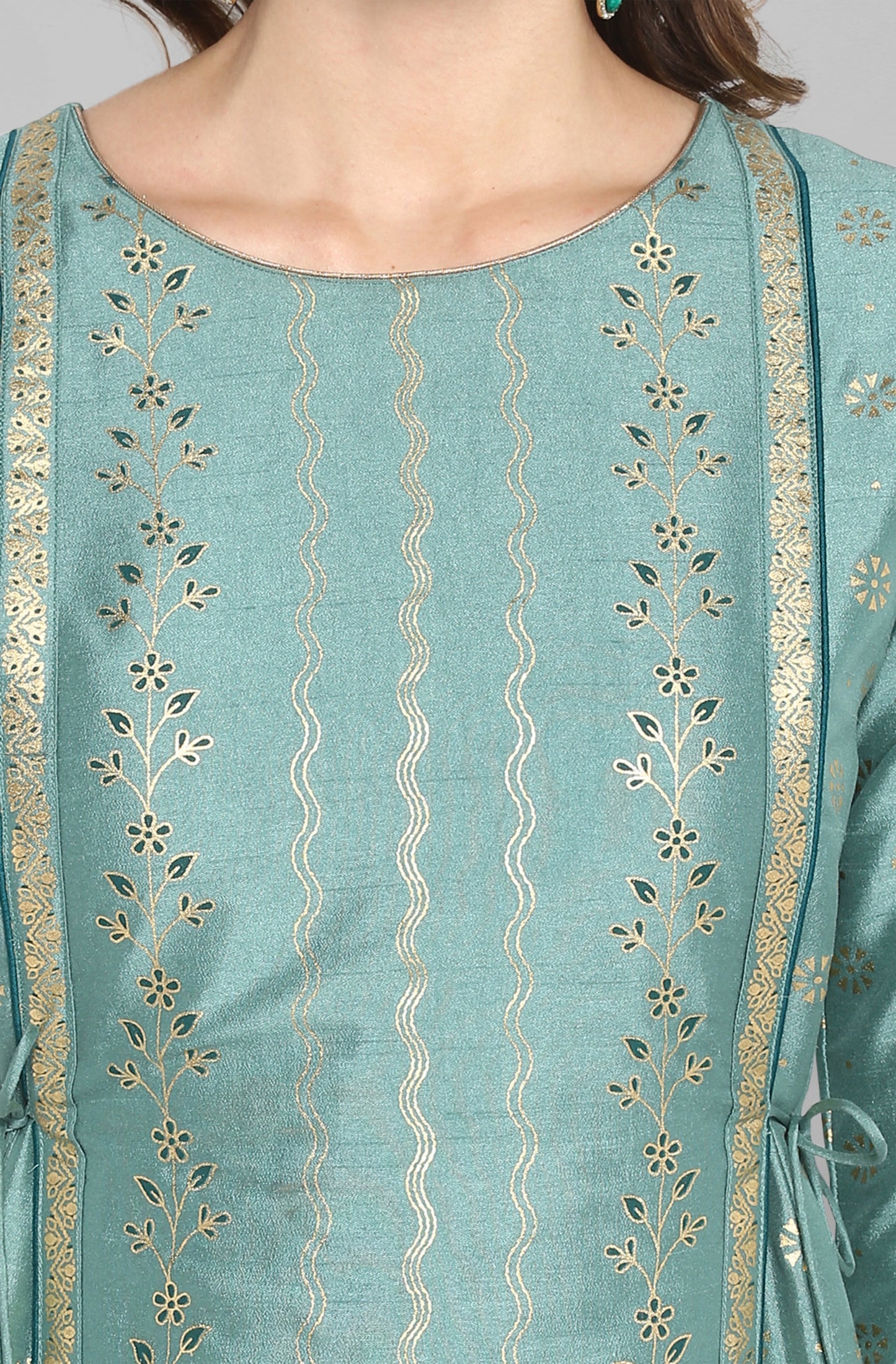 Janasya Green Rayon Crepe Foil Print Flared Ethnic Dress | Swadesiicart