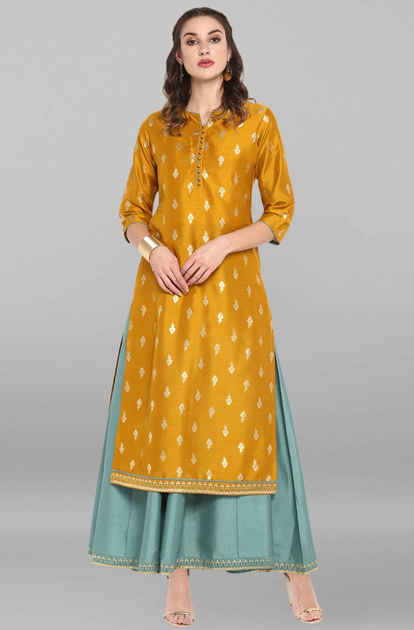 Janasya Light Green Poly Silk Gold Print Anarkali Ethnic Dress | Swadesiicart