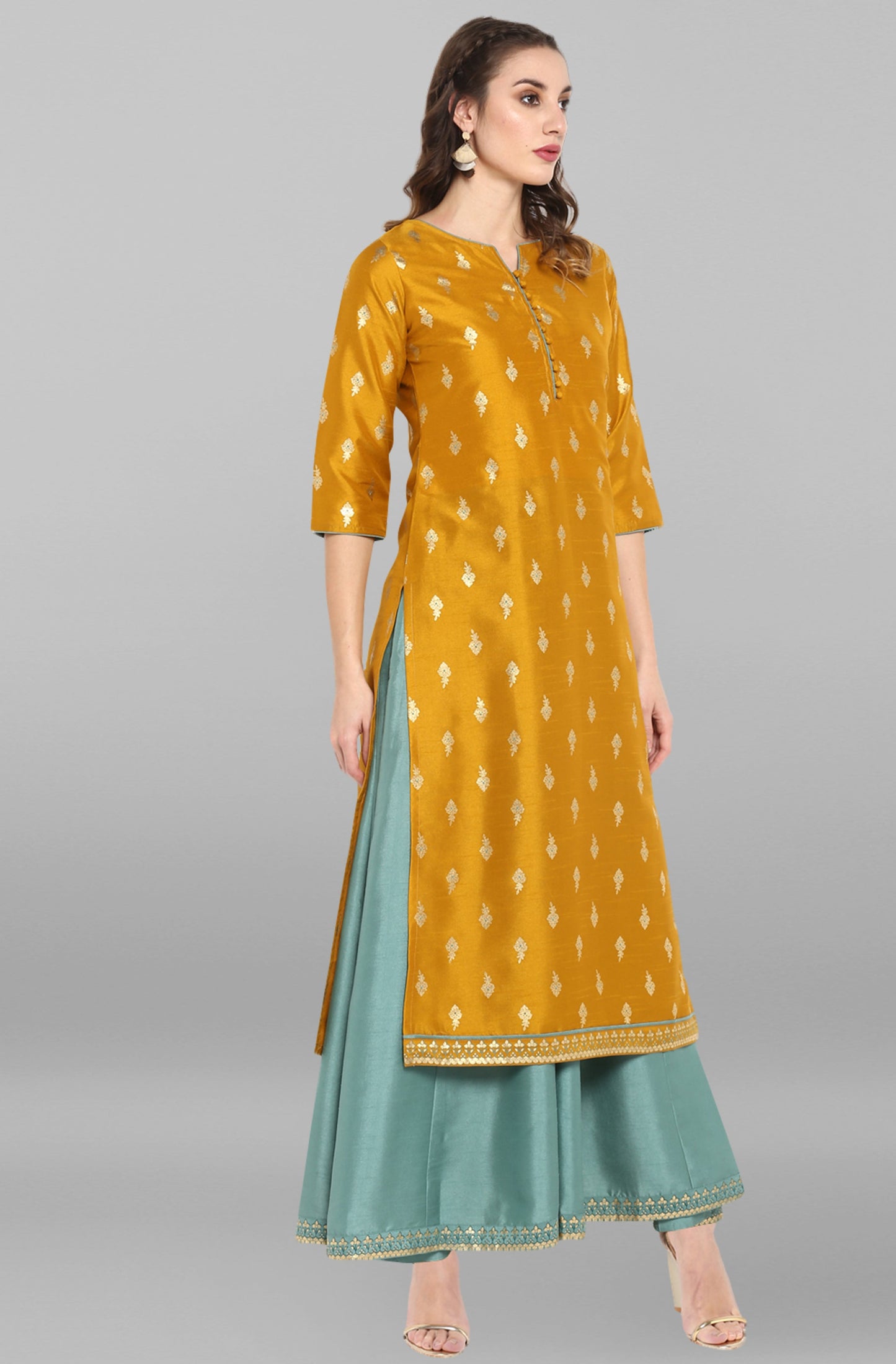 Janasya Light Green Poly Silk Gold Print Anarkali Ethnic Dress | Swadesiicart