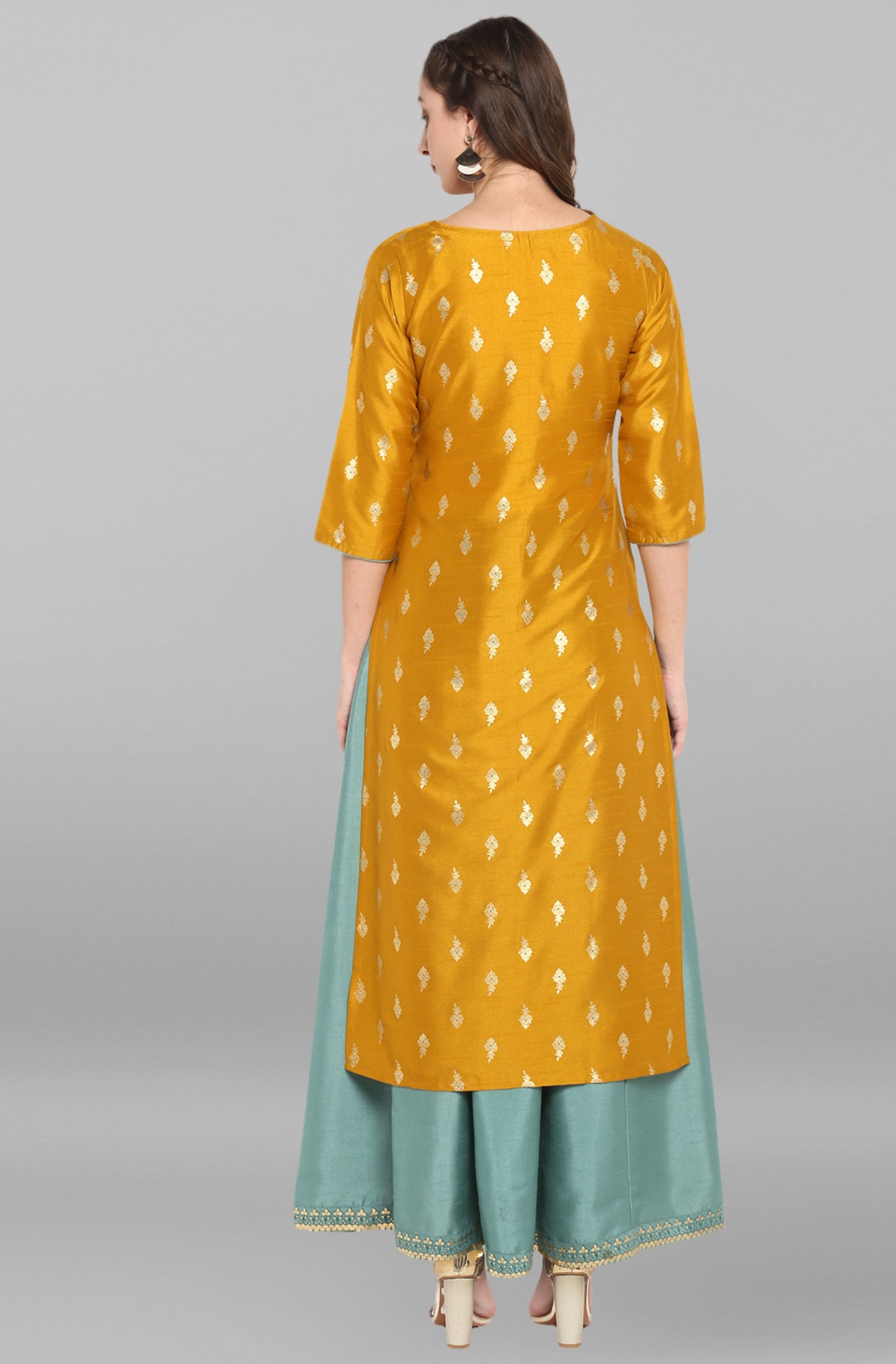 Janasya Light Green Poly Silk Gold Print Anarkali Ethnic Dress | Swadesiicart