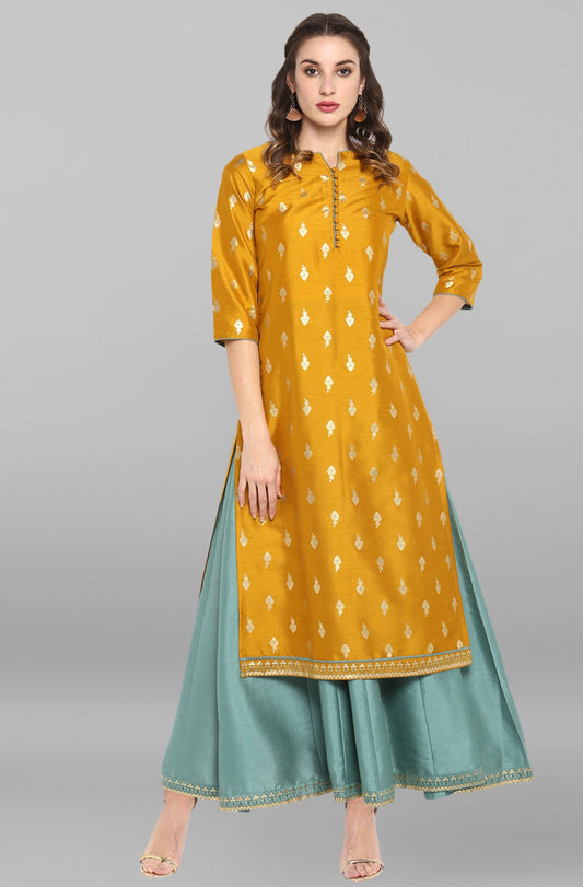 Janasya Light Green Poly Silk Gold Print Anarkali Ethnic Dress | Swadesiicart