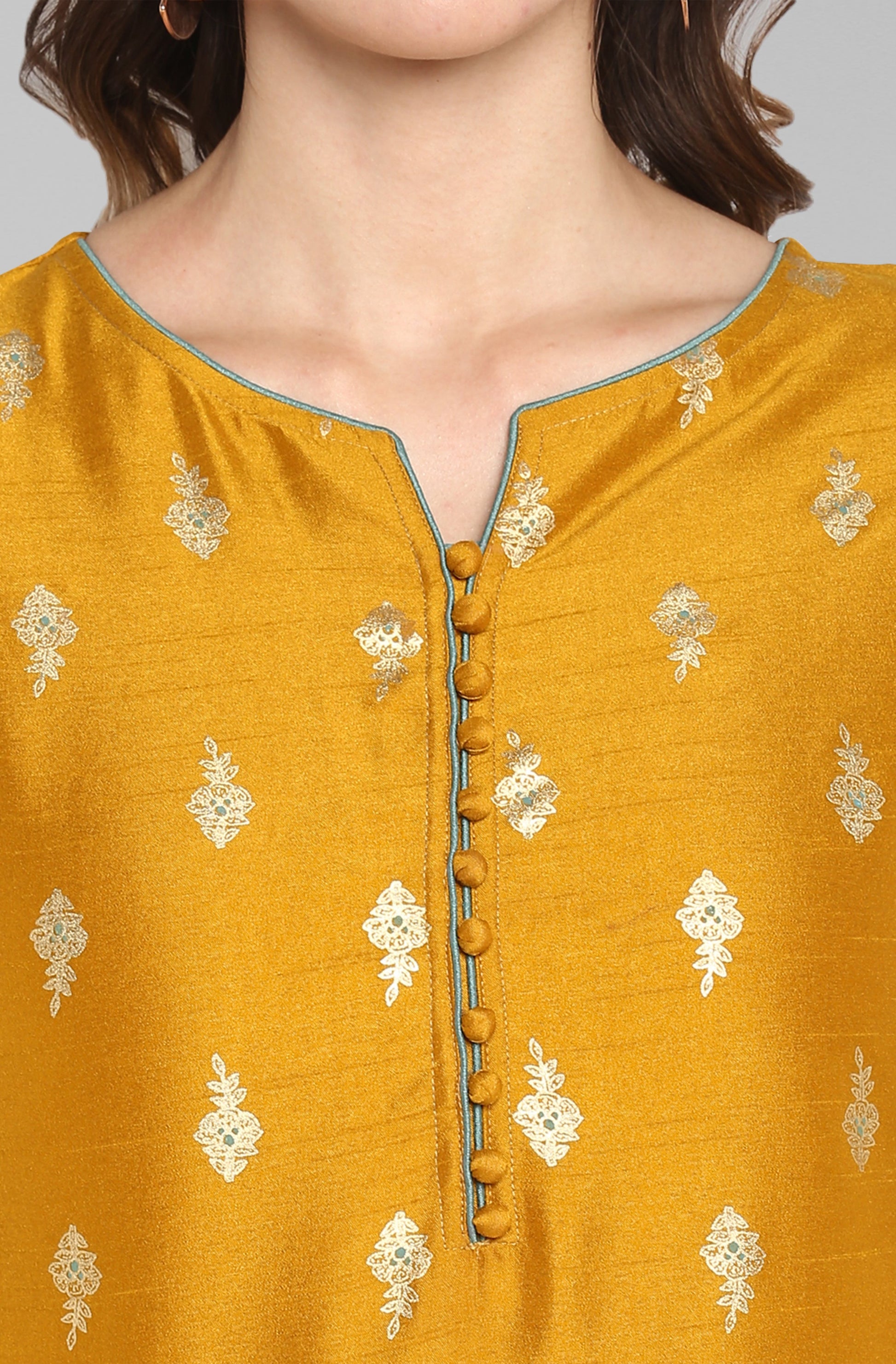 Janasya Light Green Poly Silk Gold Print Anarkali Ethnic Dress | Swadesiicart