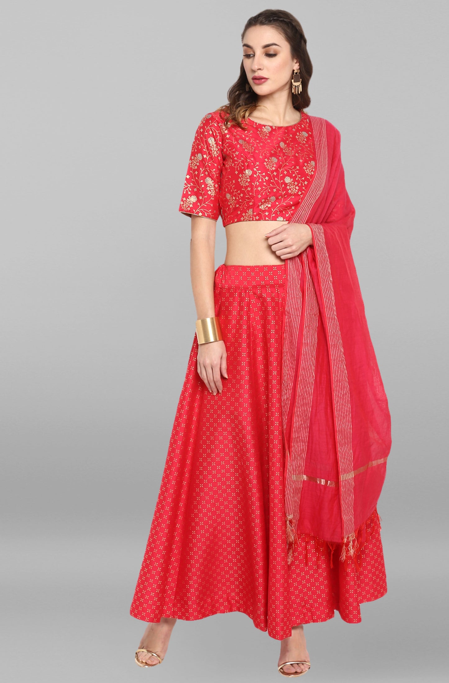 Janasya Women's Pink Poly Silk Gold Print Lehenga Choli With Dupatta | Swadesiicart