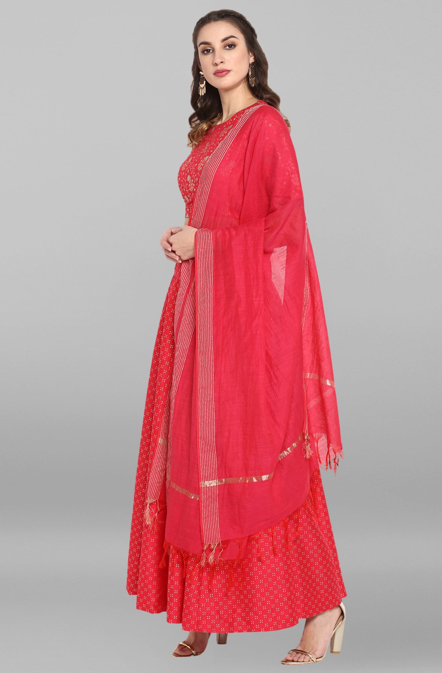 Janasya Women's Pink Poly Silk Gold Print Lehenga Choli With Dupatta | Swadesiicart
