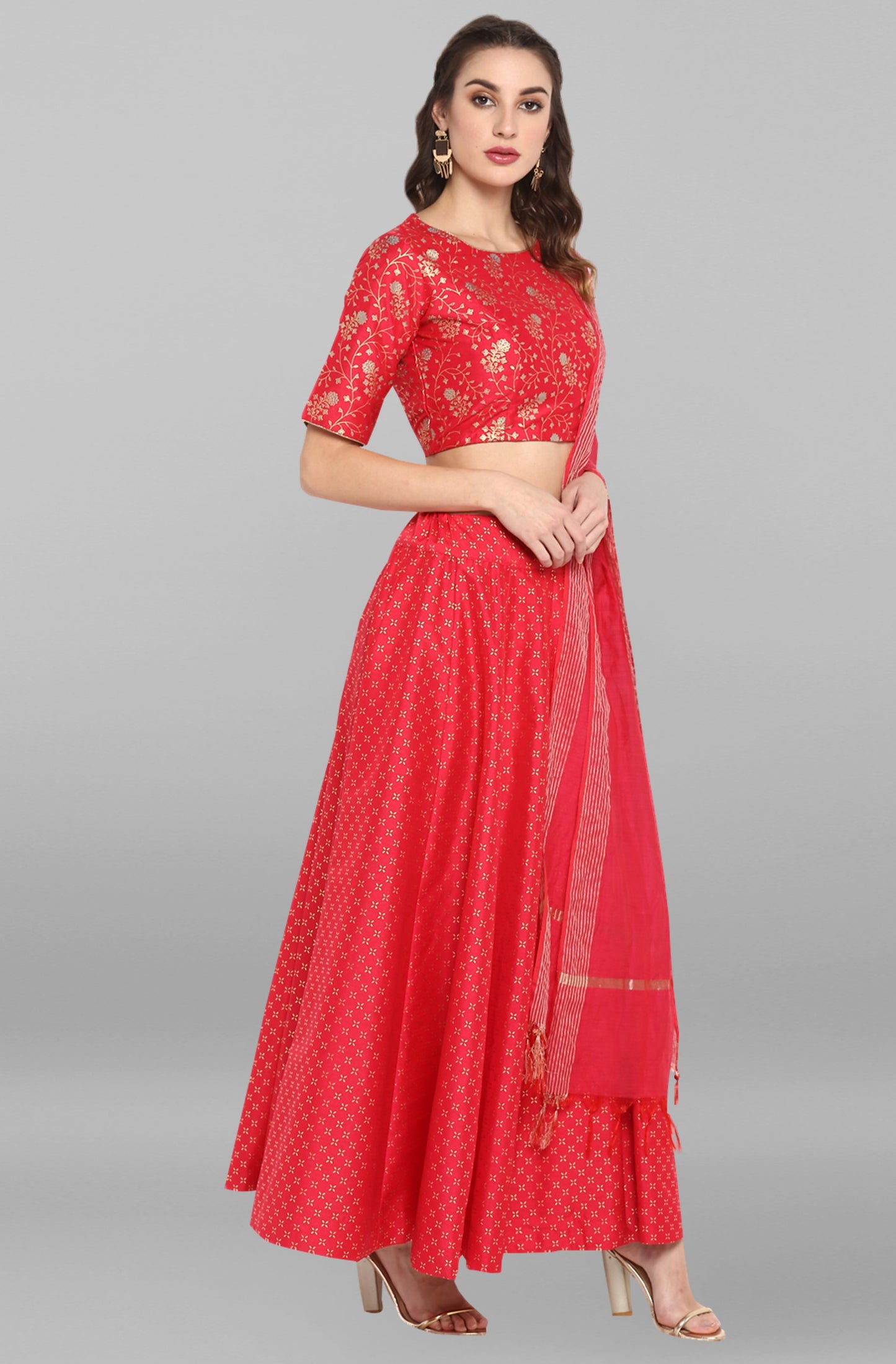 Janasya Women's Pink Poly Silk Gold Print Lehenga Choli With Dupatta | Swadesiicart