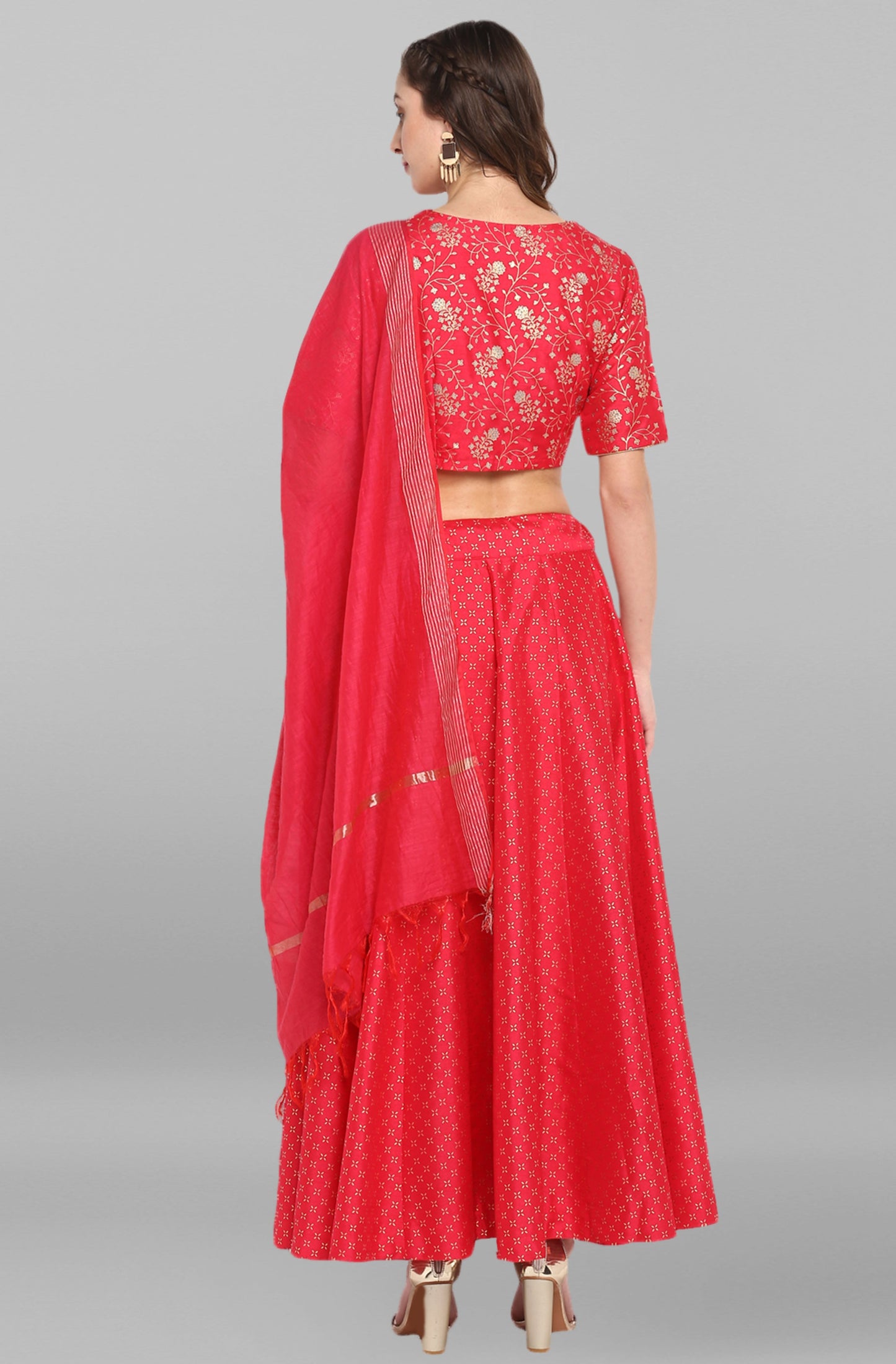 Janasya Women's Pink Poly Silk Gold Print Lehenga Choli With Dupatta | Swadesiicart